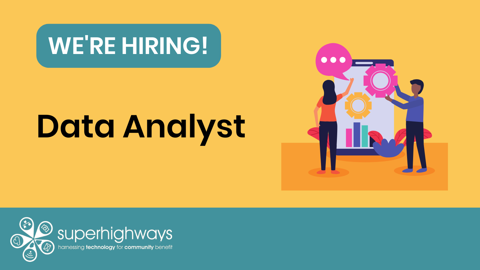 Decorative - two people with pie chart and jigsaw puzzle pieces and text We're hiring a Data Analyst