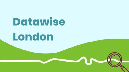 Datawise London title text above grass, river and purple search icons