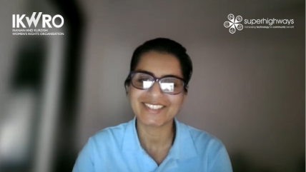 screengrab of Manisha from IKWRO with IKWRO logo and Superhighways logo in corners