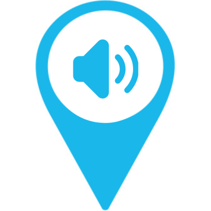 Blue location style pin with speaker icon 