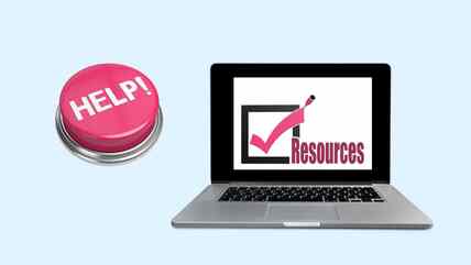 Laptop with the word resources and tick on screen sits alongside a pink button saying Help!