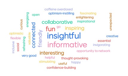 Word cloud showing feedback from the day. Top words Insightful, Collaborative, Fun, Inspiring, Informative, Connected.