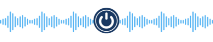Voice wave and power button icons in blue graphics on transparent background