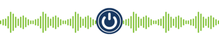 Voice wave and power button icons in green graphics on transparent background