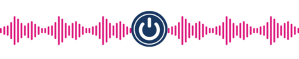 Voice wave and power button icons in pink graphics on transparent background