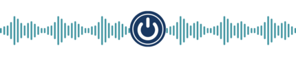 Voice wave and power button icons in teal graphics on transparent background