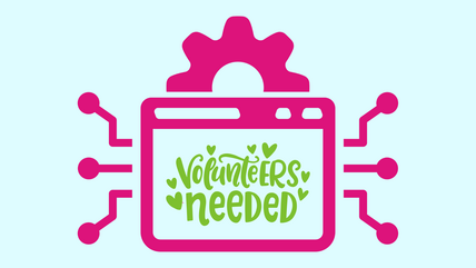 Text 'We need volunteers' with API graphic in the background