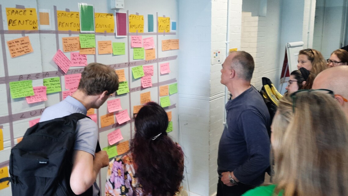 Photo of attendees looking at the post it note agenda on the wall