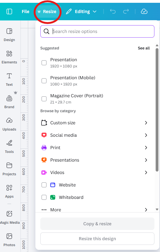 screenshot of canva magic resize options
