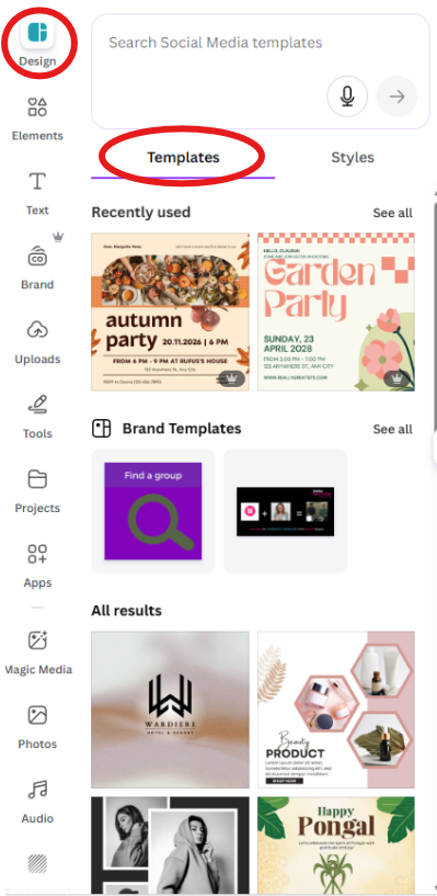 screenshot of accessing templates from open project