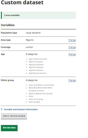 Census variable default categories screenshot showing 6 categories for age &amp; ethnicity