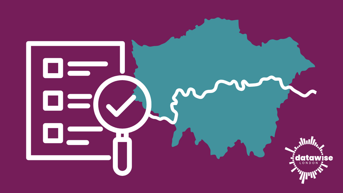 icon of checklist with magnifying glass connecting to icon of london with river thames running through