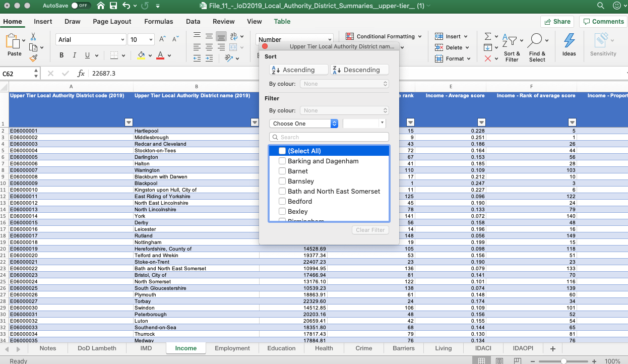 IMD filtering by Local Authority Excel example