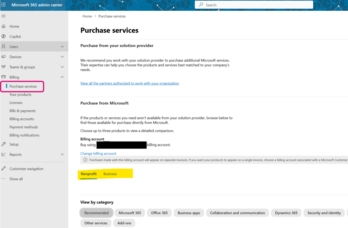 m365 access to nonprofit licenses screenshot