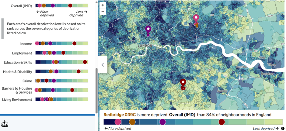 Image shows postcode locations for 3 voluntary sector organisations in Redbridge, Bromley and Islington, in the MHCLG&rsquo;s mapping tool. 