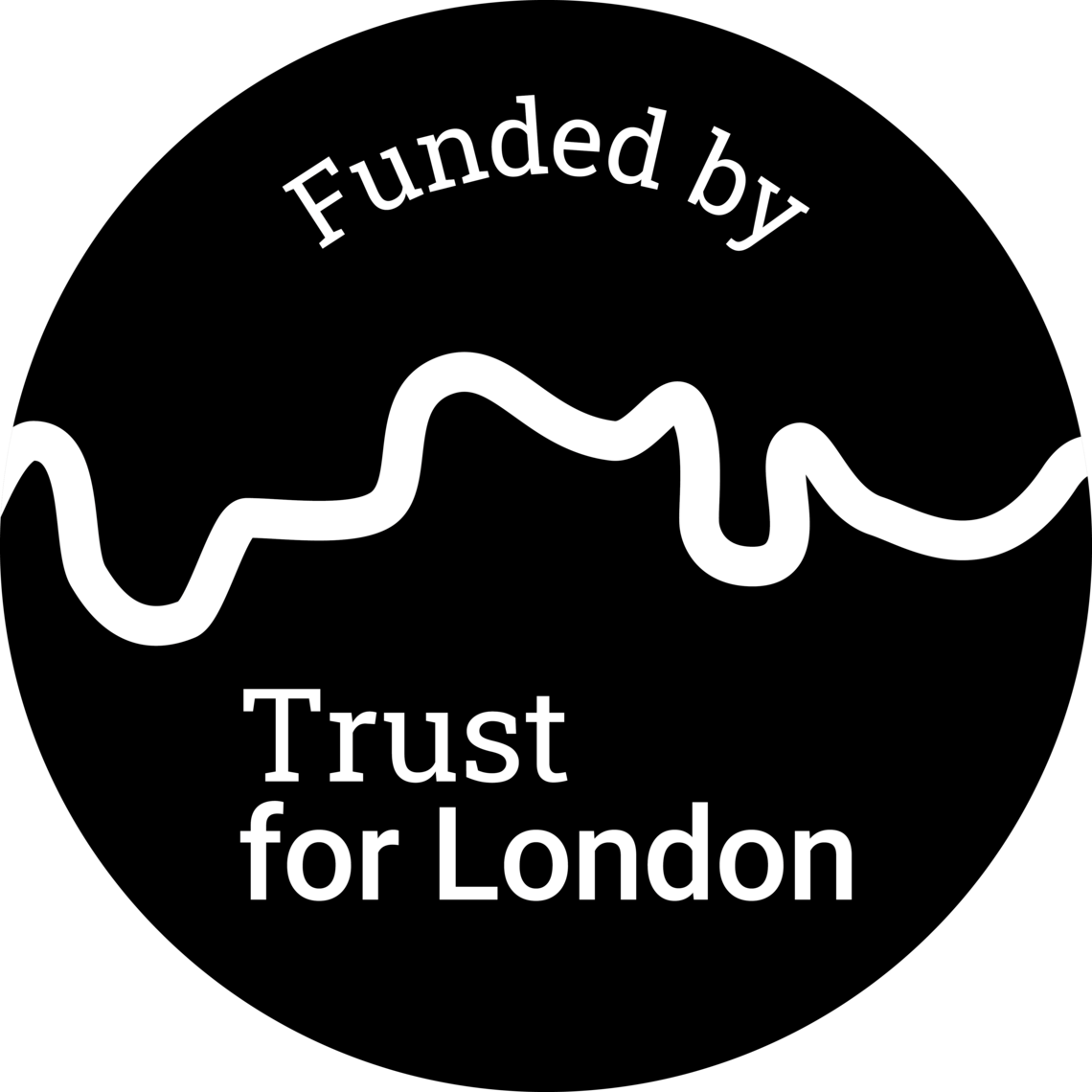 Black circle logo with Funded by Trust for London in white text and a wavy white line representing the river Thames