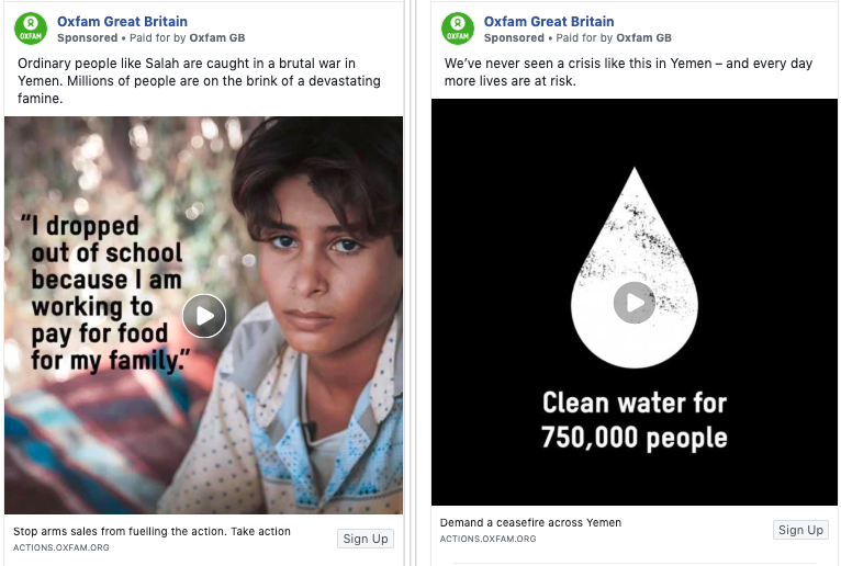 Oxfam Facebook advert example