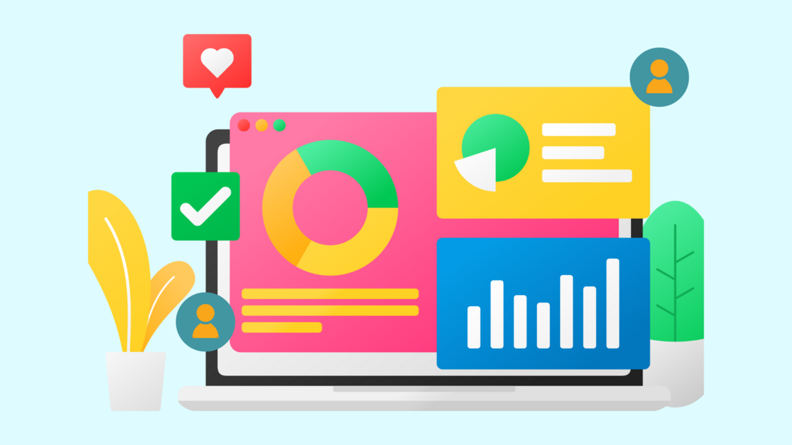 Website, person and data charts graphic