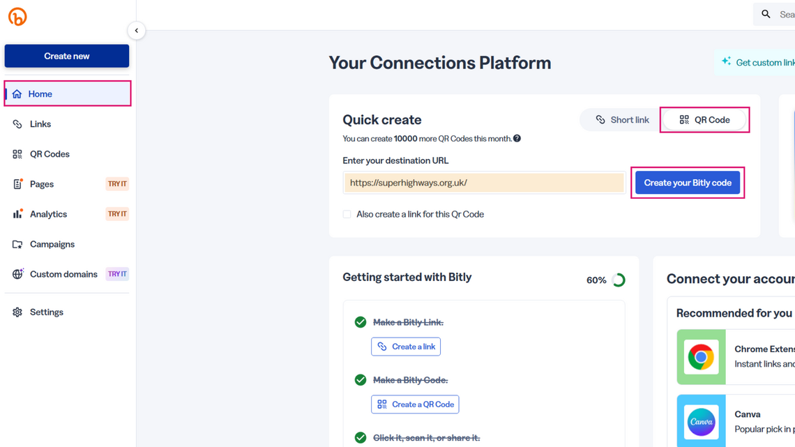 Screenshot of generating QR code from Bitly