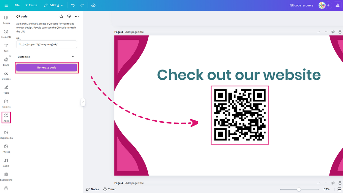 Screenshot of generating QR code via Canva