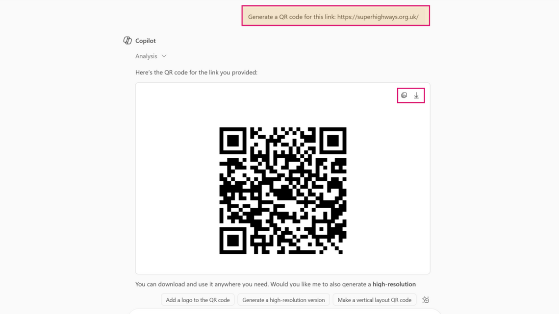 Screenshot of asking Copilot AI to generate QR code