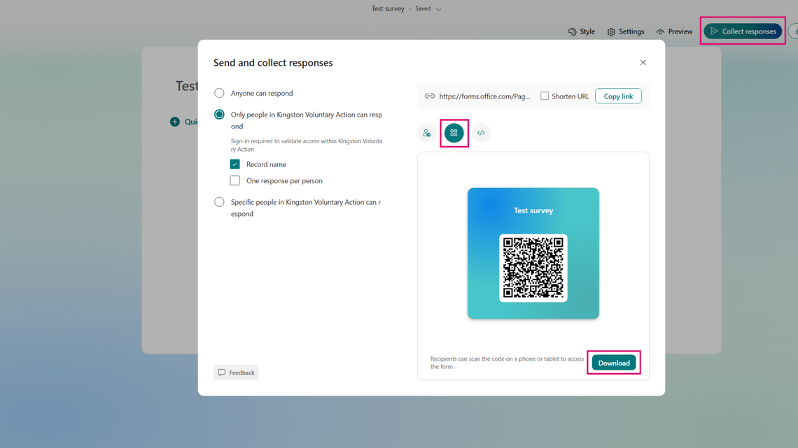 Screenshot of grabbing QR code for survey