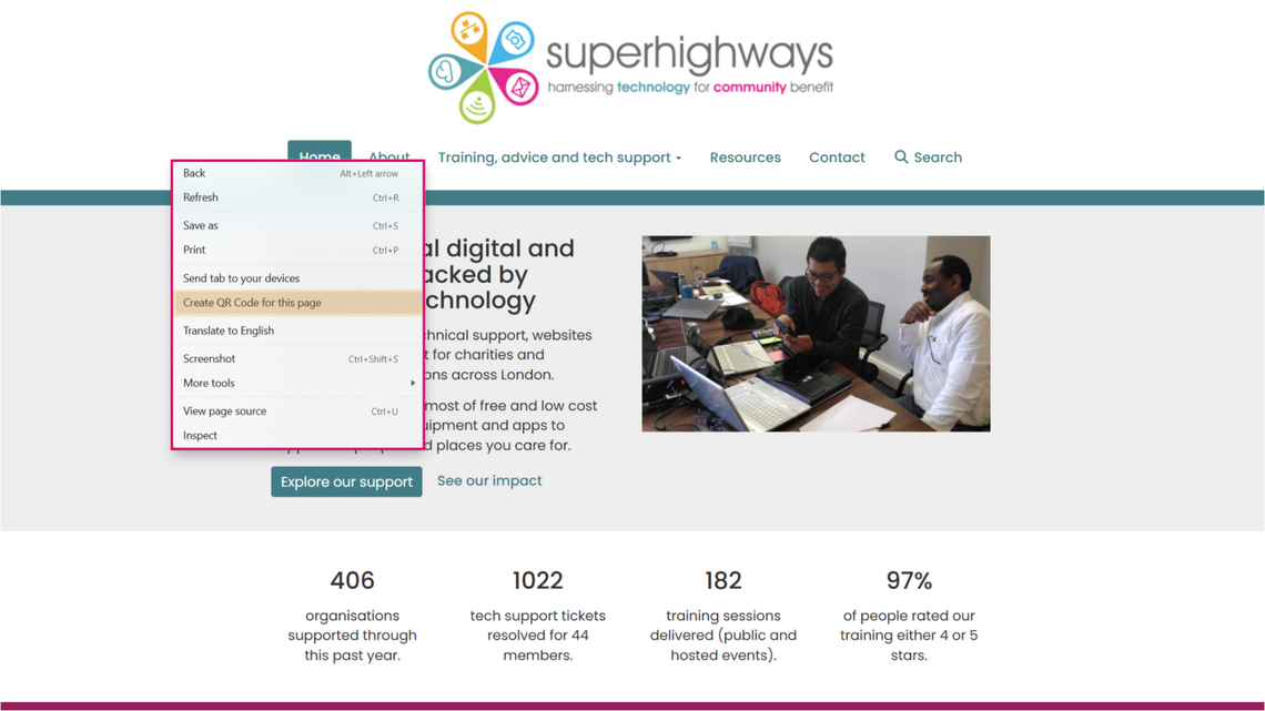 Screenshot of right-clicking in browser to select generate QR code option