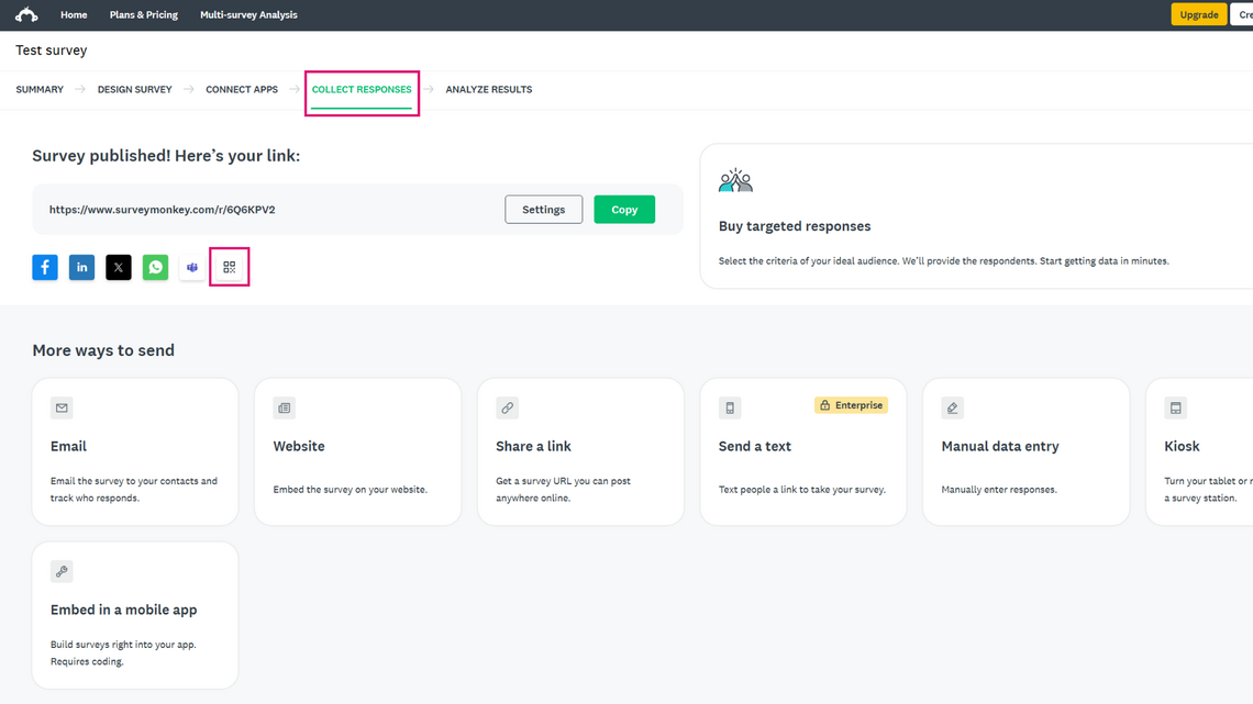Screenshot of downloading QR code for survey from SurveyMonkey