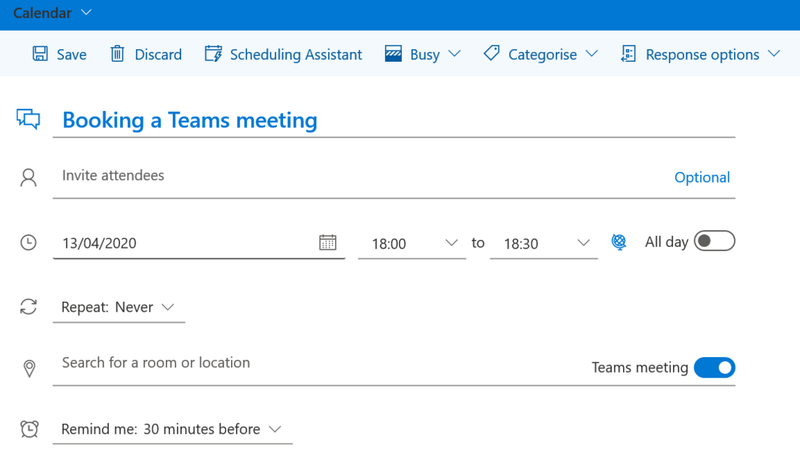 Image shows you can add Teams to the calendar location field