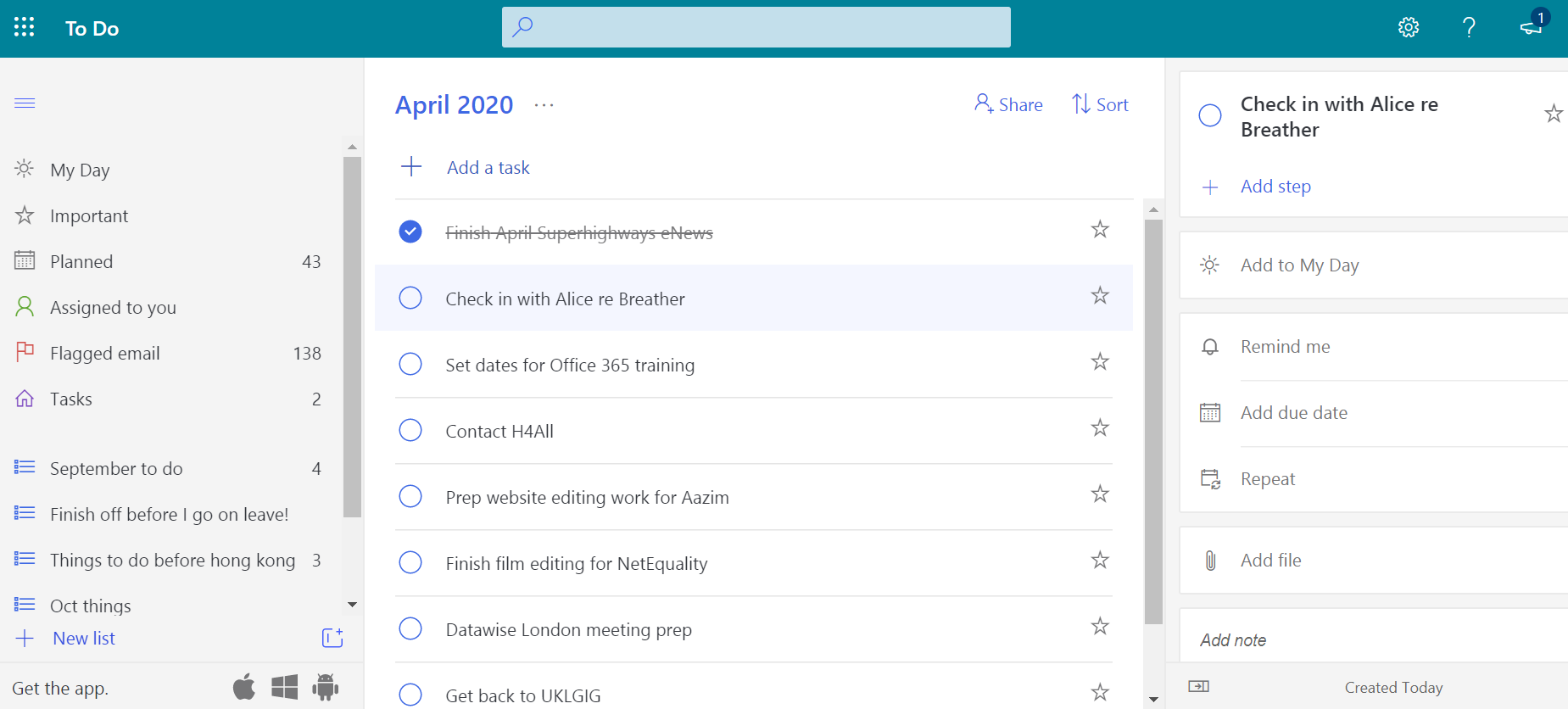 Screenshot of the To Do app listing tasks