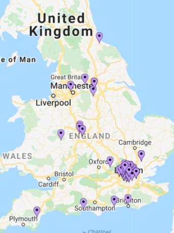 Map of VCSS Camp bookings - the majority from London but also from Sheffield, Devon and Manchester