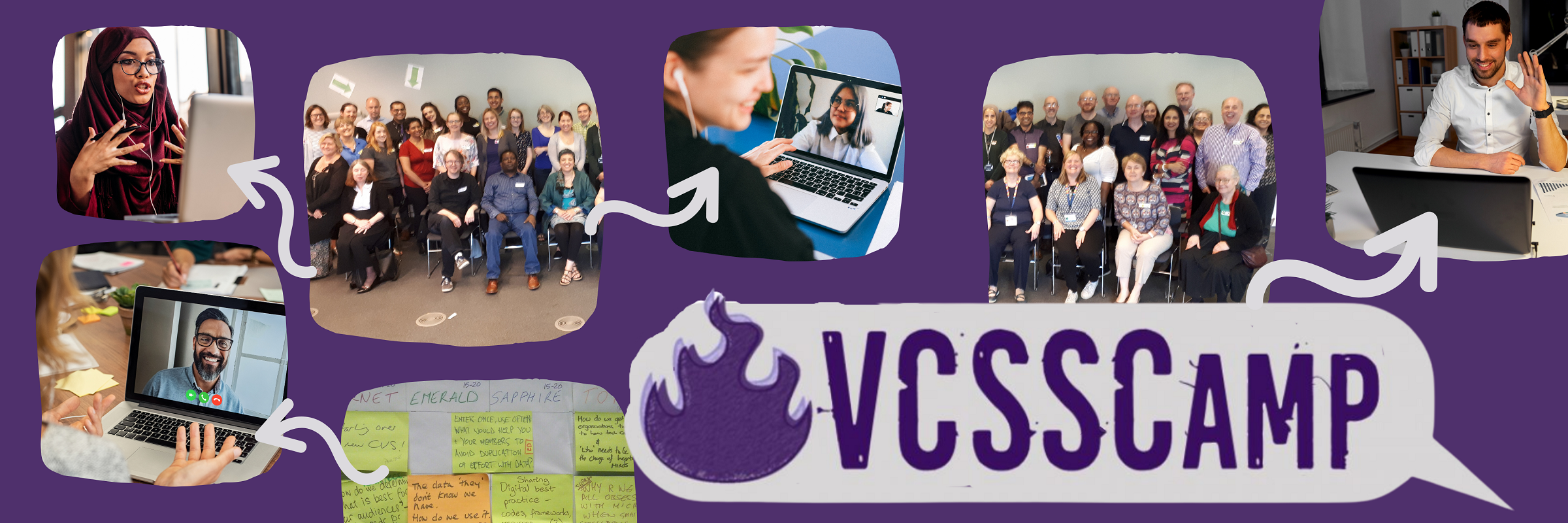 VCSS Camp 9 banner image - photos from previous in person events along with other other people using digital technology