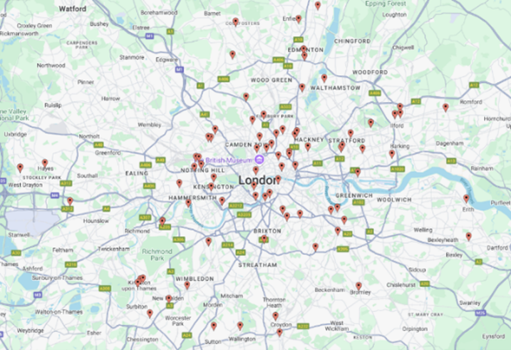 map with pinpoints of locations where attended organisations are based